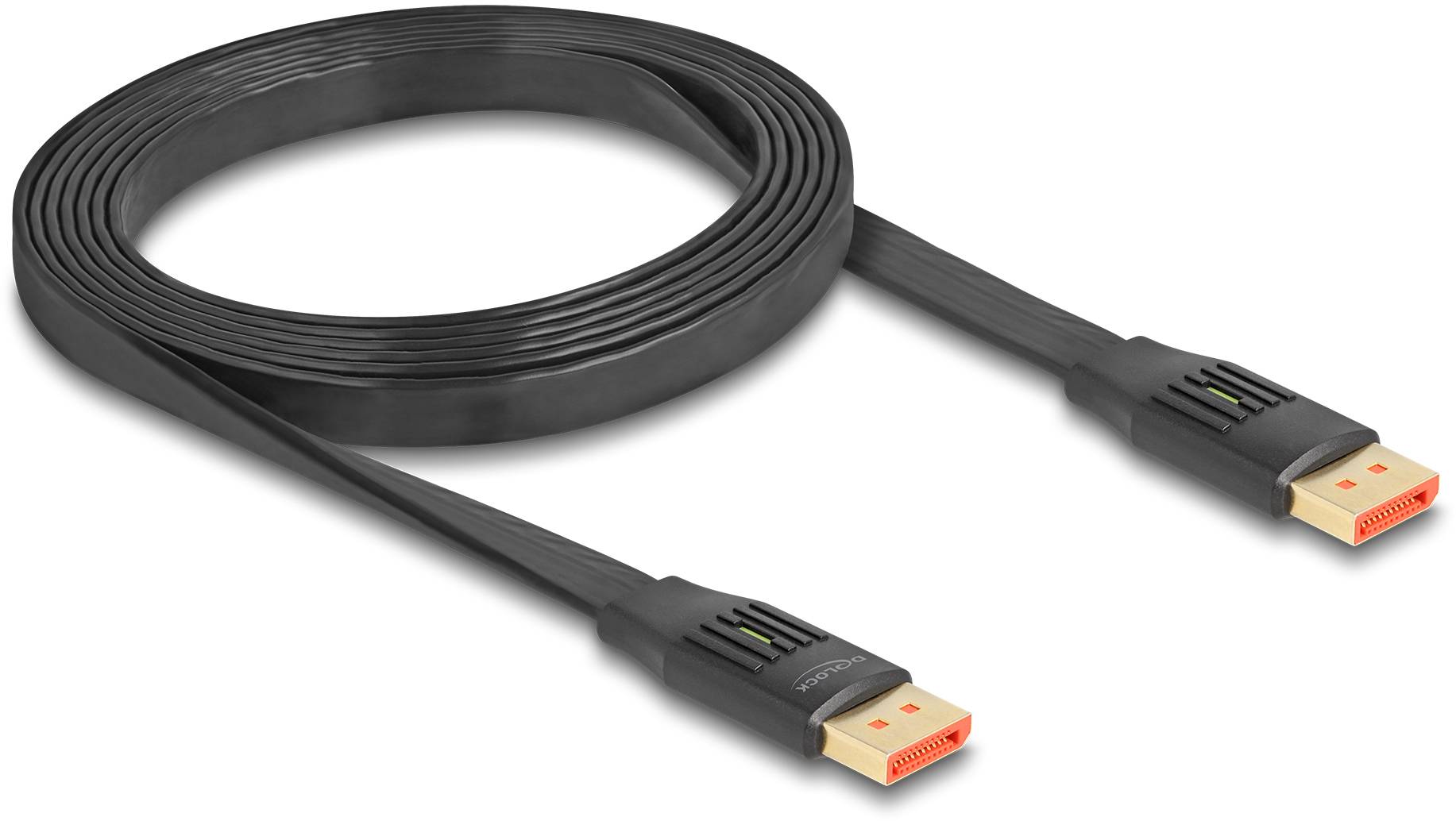 Ein schwarzes HDMI-Kabel mit flachen Anschlüssen, ideal für den Anschluss von elektronischen Geräten wie Fernseher und Computer.