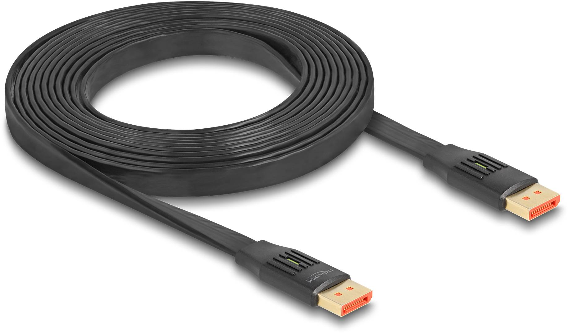 Ein langes, schwarzes HDMI-Kabel, aufgerollt, mit vergoldeten Steckern an beiden Enden, hauptsächlich zur Verbindung von Video- und Audiogeräten.