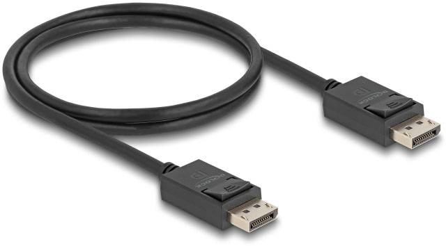 Ein schwarzes DisplayPort-Kabel mit zwei Steckverbindern, geeignet für die Übertragung von Video- und Audiosignalen zwischen Geräten.