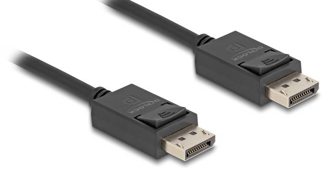 DisplayPort-Kabel mit zwei Steckern, jeweils mit dem 'dp'-Logo und der Aufschrift 'DisplayPort'. Verwendet für Monitore und Grafikgeräte.