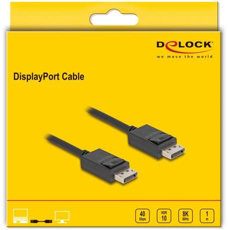 Verpackung eines DisplayPort-Kabels von Delock, geeignet für 8K-Auflösung und HDR10, unterstützt bis zu 40 Gbps Datenübertragungsrate.