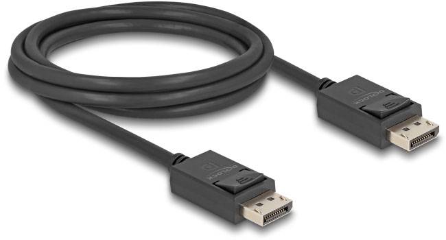 Ein schwarzes DisplayPort-Kabel mit zwei Steckern an den Enden, geeignet für den Anschluss von Monitoren an Computer oder andere Geräte.