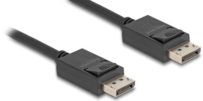 Zwei schwarze DisplayPort-Kabel mit goldfarbenen Steckern. Verwendet für die Übertragung von Video- und Audiosignalen zwischen Geräten.