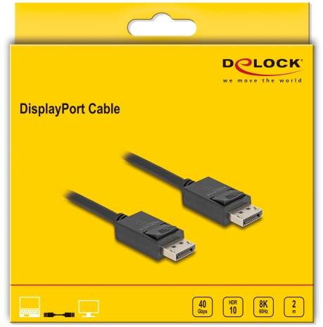 'DisplayPort-Kabel' auf gelber Verpackung, mit zwei abgebildeten Kabeln. Unterstützt 40 Gbps, HDR10, 8K. Marke: DeLOCK.