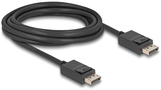 Ein schwarzes DisplayPort-Kabel mit zwei Steckern. Es ist aufgerollt und einsatzbereit zum Verbinden von Geräten für die Bildübertragung.