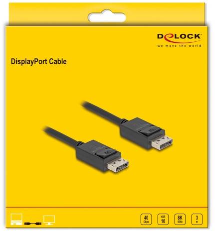 Verpackung eines DisplayPort-Kabels der Marke Delock. Das Kabel unterstützt 8K und ist 3 Meter lang. Gelber Hintergrund.