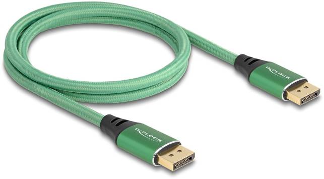 Grünes DisplayPort-Kabel mit Metallanschlüssen, geeignet zum Verbinden von Computern mit Monitoren für hochauflösende Bildübertragungen.