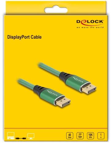 DisplayPort-Kabel-Verpackung von DeLock, zeigt zwei grüne DisplayPort-Kabelstecker. Unterstützt 40 Gbps, HDR 10+, 16K.