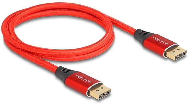 Rotes DisplayPort-Kabel mit Goldsteckern und geflochtenem Design, geeignet für hochwertige Audio- und Videoübertragungen.