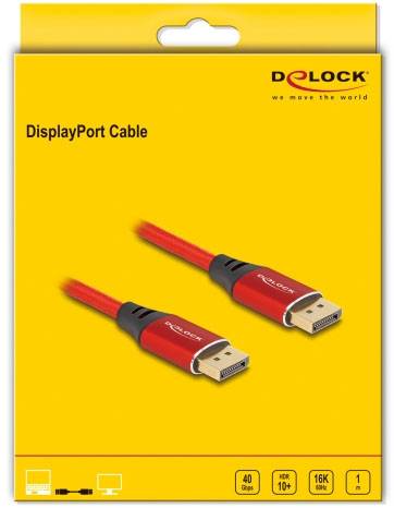 'DisplayPort-Kabel' Verpackung der Marke Delock, gelb mit zwei roten DisplayPort-Anschlüssen, unterstützt 40 Gbps und 16K Auflösung.