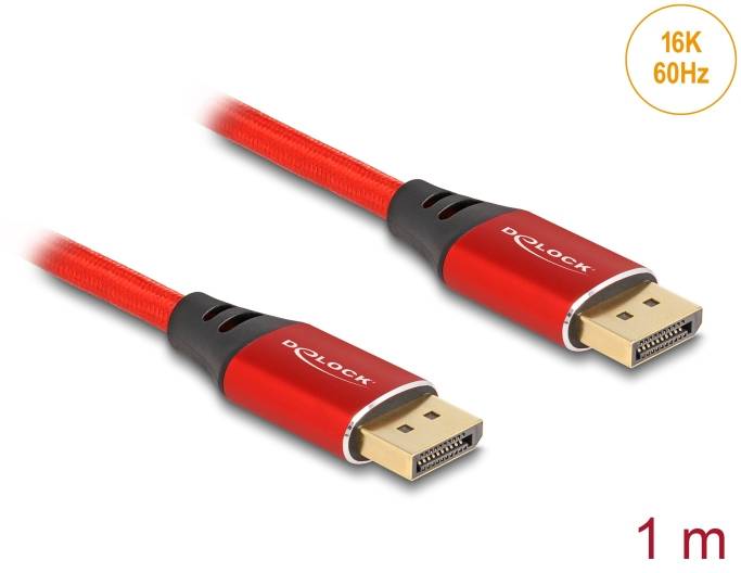 Ein rotes DisplayPort-Kabel, 1 Meter lang, unterstützt Auflösungen bis zu 16K bei 60 Hz.