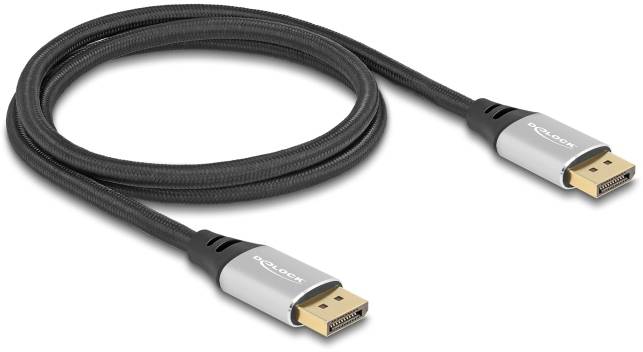 DisplayPort-Kabel, schwarz, mit silbernen Steckern an beiden Enden, zur Verbindung von Monitoren und Computern für Datenübertragung.