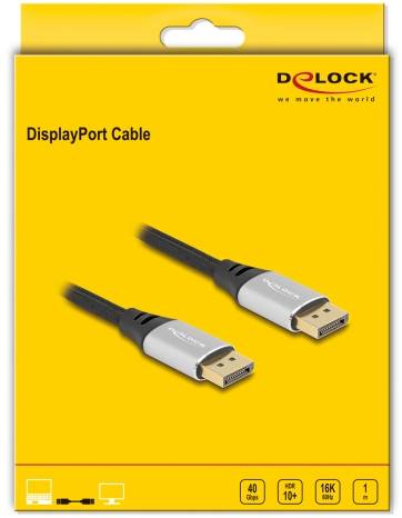 'DisplayPort Kabel' Verpackung der Marke Delock, gelb. Zwei DisplayPort-Stecker abgebildet. Symbole: 40 Gbps, HD, 16K, 1 Meter.