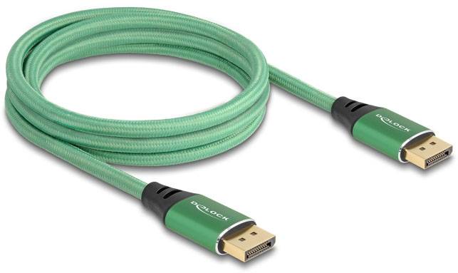 Ein grünes DisplayPort-Kabel mit zwei Steckern, geeignet zum Verbinden von Monitoren mit Computern für eine hochauflösende Anzeige.