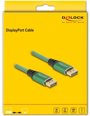 'DisplayPort-Kabel' auf gelbem Hintergrund, grüne Stecker mit 'Delock'-Logo, unterstützt 40 Gbps, HDR 10+, 16K Auflösung, 2 Meter Länge.