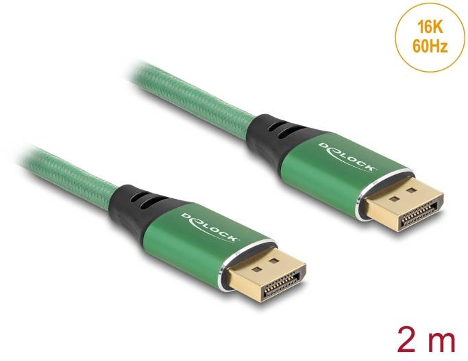 Ein zwei Meter langes DisplayPort-Kabel, geeignet für 16K bei 60Hz. Verfügt über grüne Steckverbinder und trägt die Marke 'Delock'.