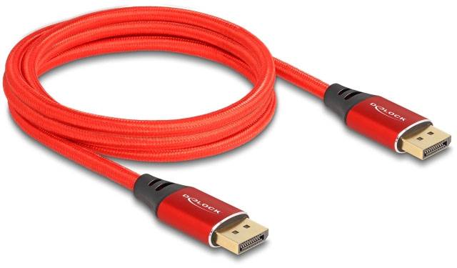 Ein rotes DisplayPort-Kabel mit zwei Steckern, geeignet für die Übertragung von Video- und Audiosignalen zwischen Geräten.