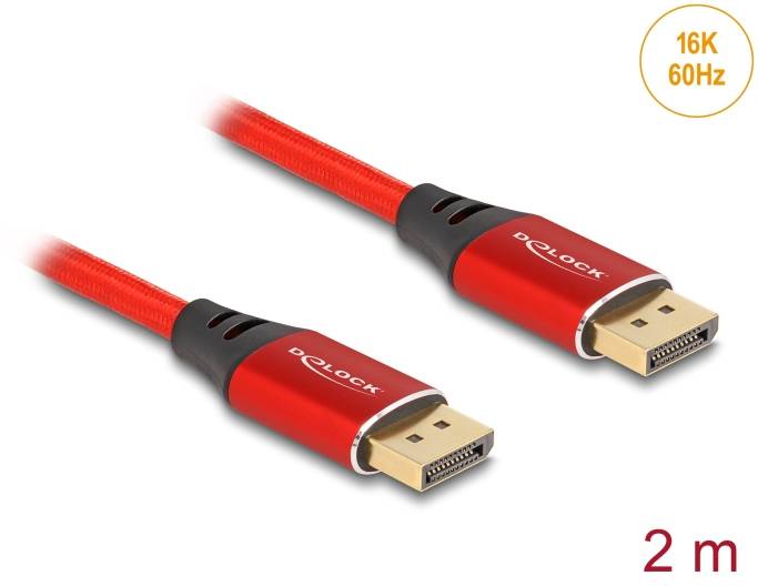 Rotes DisplayPort-Kabel von Delock, 2 m lang, unterstützt 16K bei 60Hz, geeignet für hochauflösende Bildschirmverbindungen.