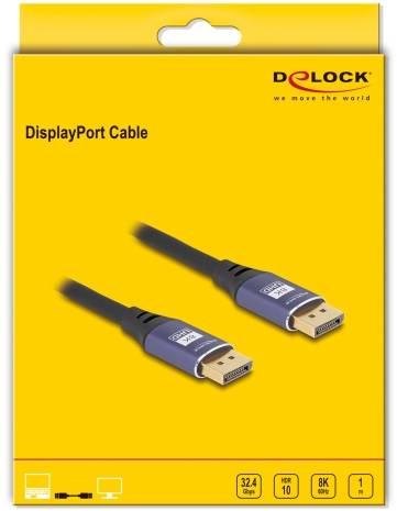 DisplayPort-Kabel von Delock, 32,4 Gbps Datenrate, HDR10, unterstützt 8K Auflösung, Länge 1 Meter, auf gelber Verpackung.