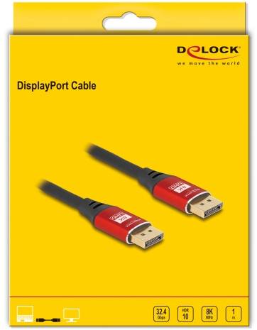 'DisplayPort-Kabel' auf gelber Verpackung mit roten Steckerabbildungen. Geeignet für 8K, HDR10, 32.4 Gb/s, Packung mit 1 Kabel.