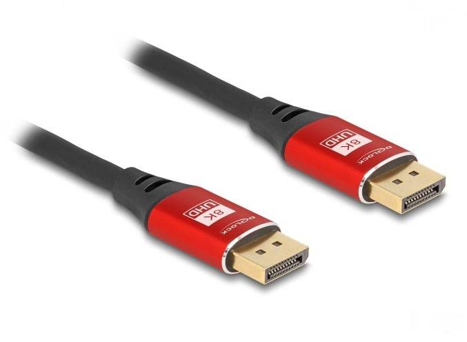 Zwei rote DisplayPort-Kabel mit der Aufschrift '8K UHD', geeignet für hochauflösende Video- und Audioübertragungen.