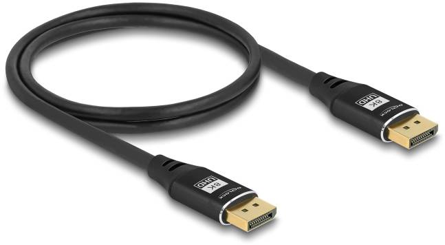 Ein schwarzes DisplayPort-Kabel mit goldenen Anschlüssen an beiden Enden, geeignet zum Anschluss von Monitoren an Computer.