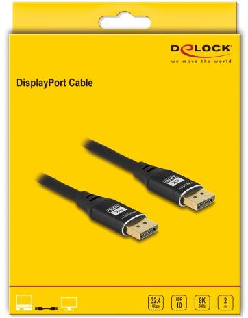 DisplayPort-Kabelverpackung von Delock. Enthält ein 8K-kompatibles Kabel. Geschwindigkeit 32,4 Gbps, unterstützt HDR10.
