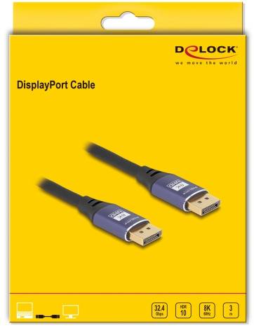 'DisplayPort-Kabel' Verpackung mit zwei Kabeln abgebildet. Produktdetails: 32,4 Gbps Bandbreite, HDR-Unterstützung, 8K Auflösung, 3 Meter Länge.