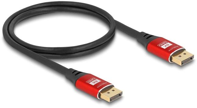 Ein schwarzes DisplayPort-Kabel mit roten Steckern, geeignet für die Verbindung von Computern und Monitoren für hohe Auflösungen.