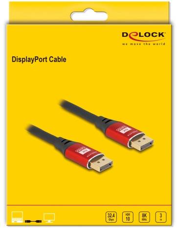 Verpackung eines DisplayPort-Kabels von Delock. Gelber Hintergrund mit Kabelabbildungen. Text: 'DisplayPort Cable', unterstützt HDR 10, 8K, 3 Meter Länge.