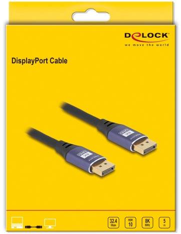 'DisplayPort-Kabel' Verpackung von Delock, gelb, zeigt zwei Enden des Kabels, unterstützt 8K-Auflösung, HDR 10, 32,4 Gbps.