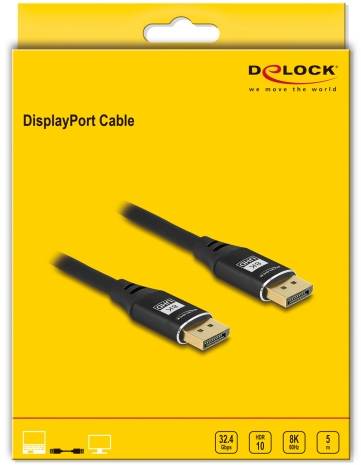 'DisplayPort Kabel' Verpackung mit Abbildung des Kabels, Logo und Spezifikationen: 32,4 Gbps, HDR 10, 8K Auflösung, 5 Meter Länge.
