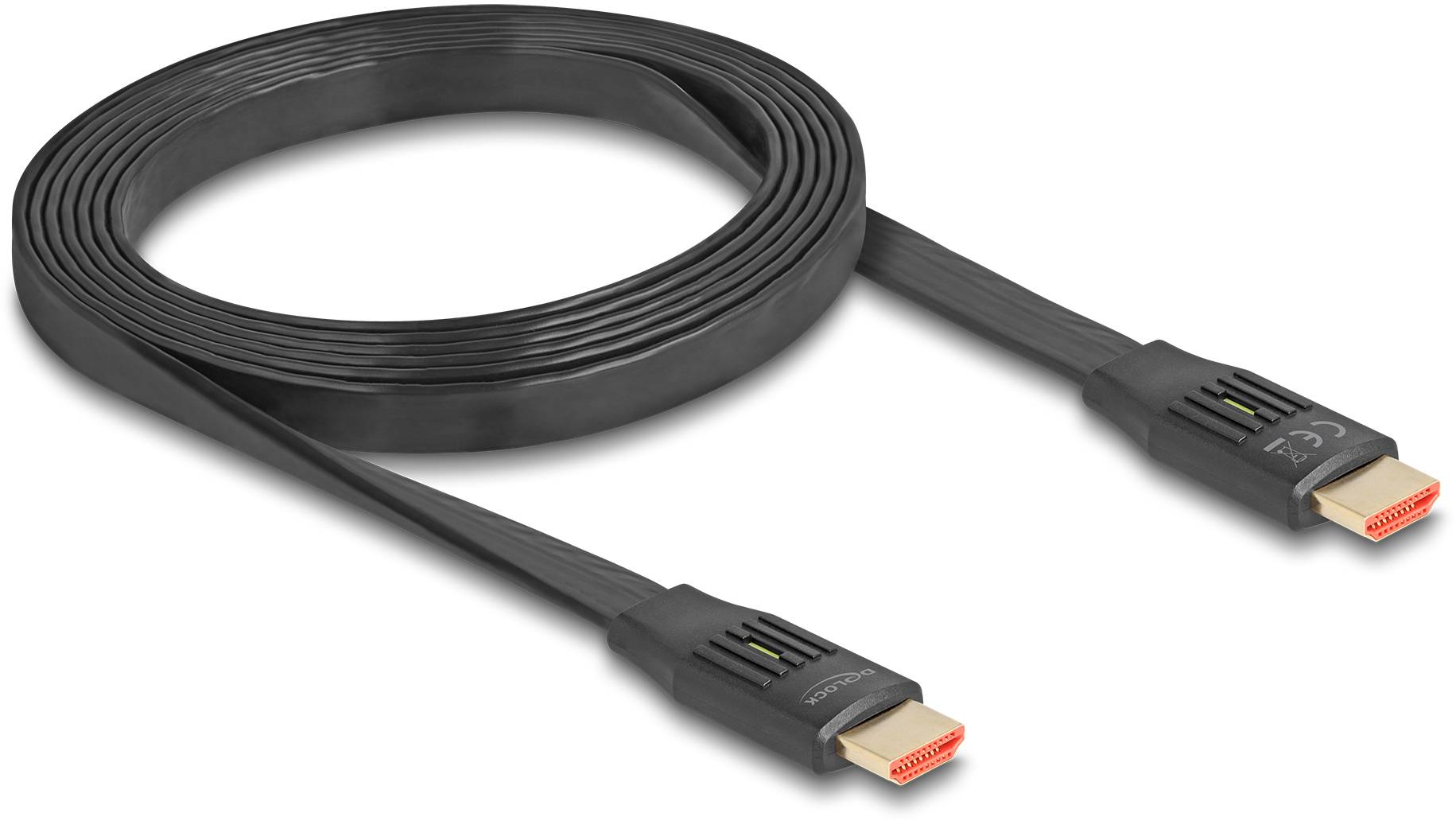 Schwarzes HDMI-Flachkabel mit zwei verbundenen Steckern. Verwendet zur Übertragung von Audio- und Videosignalen zwischen Geräten.