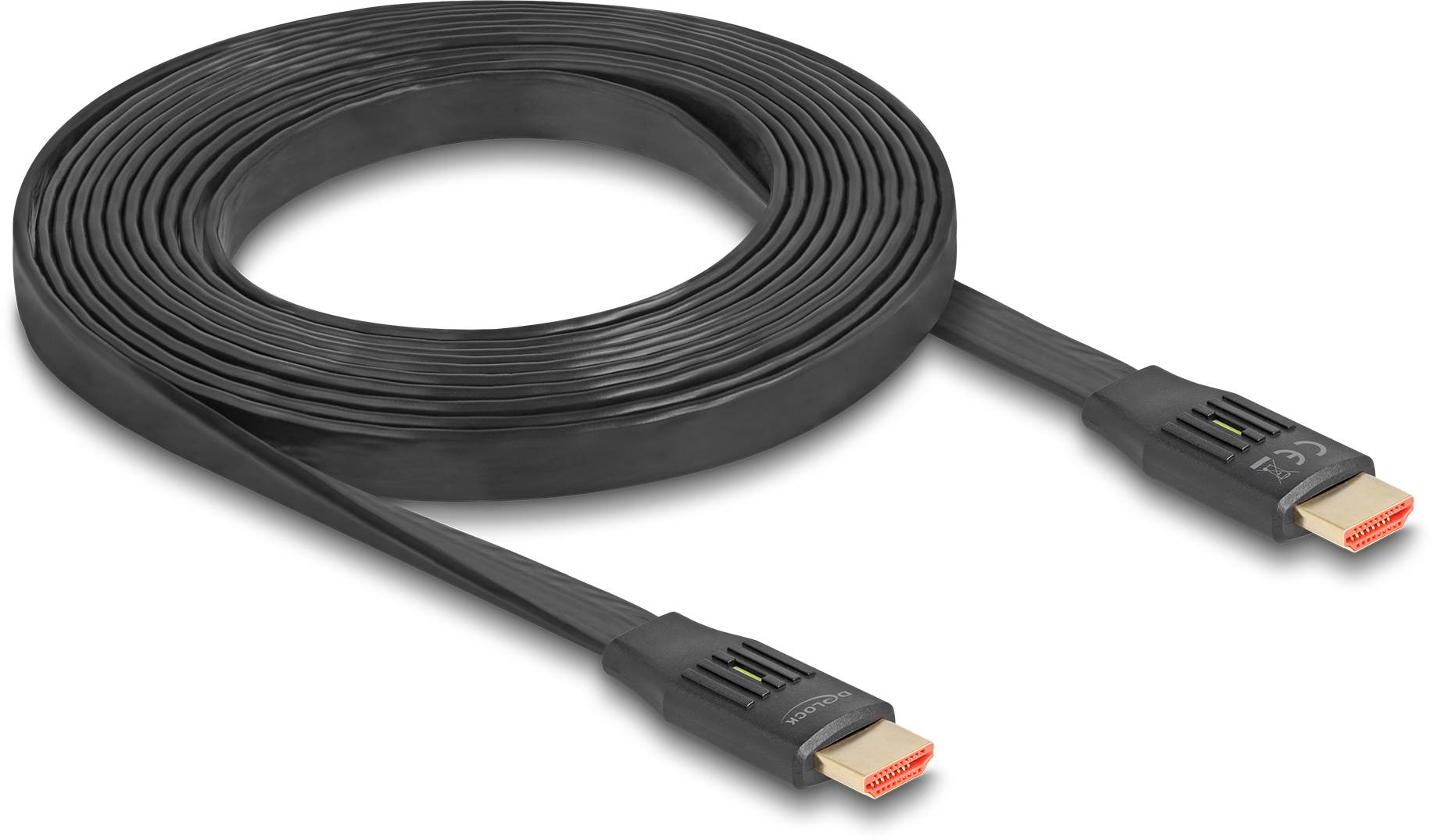 Schwarzes HDMI-Kabel, aufgewickelt, mit zwei Steckverbindern an den Enden, für audiovisuelle Übertragungen geeignet.