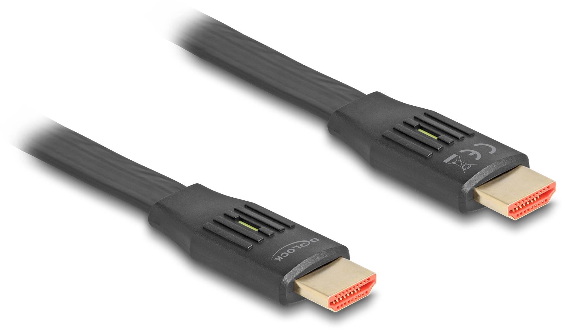 Zwei schwarze HDMI-Kabel mit rotem Anschluss. Verbinden Geräte für Audio- und Videoübertragung, unterstützt hohe Qualität und Geschwindigkeit.