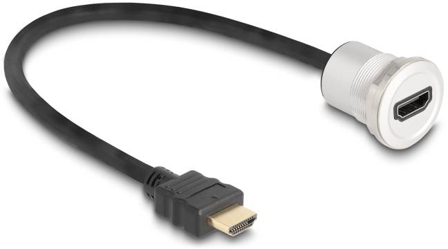 Ein HDMI-Kabel mit einem Adapter von HDMI-Stecker zu HDMI-Buchse, geeignet für die Verbindung zwischen Geräten oder Displays.