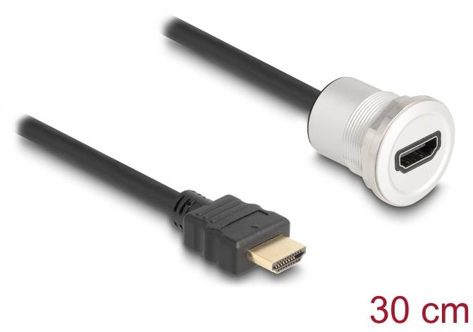 HDMI-Verlängerungskabel, 30 cm, schwarzes Kabel mit goldenem Stecker und silberner Buchse, geeignet für AV-Verbindungen.