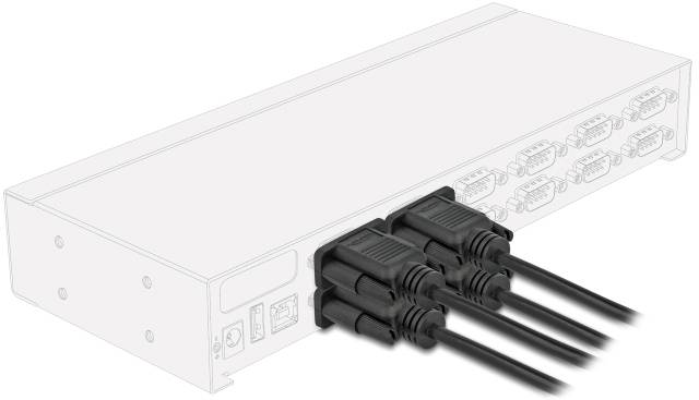 Ein elektronisches Gerät mit mehreren angeschlossenen Kabeln auf der Rückseite. Es hat mehrere serielle Schnittstellen.
