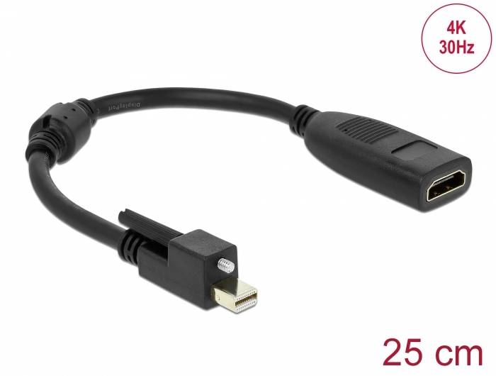 Ein schwarzes HDMI-auf-Mini-DisplayPort-Adapterkabel, 25 cm lang, unterstützt 4K bei 30Hz, auf weißem Hintergrund.