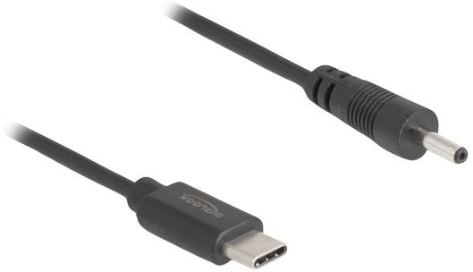 Zwei Kabelanschlüsse: links ein USB-C-Stecker, rechts ein runder DC-Stecker, beide auf einem grauen Hintergrund.