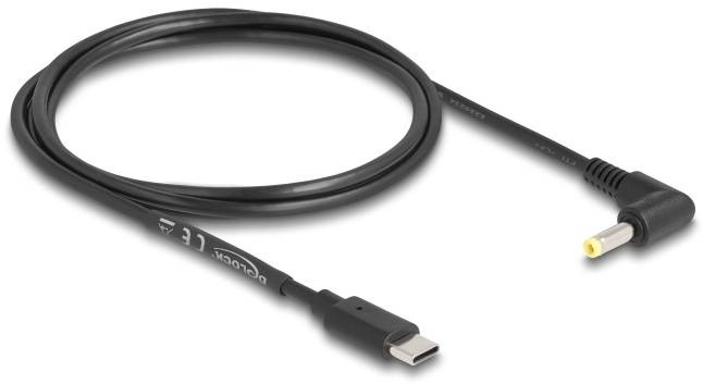 Ein schwarzes USB-C-auf-DC-Netzkabel, geeignet für elektronische Geräte. Links der USB-C-Stecker, rechts ein gelber Rundstecker.