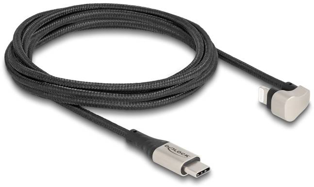 Schwarzes, geflochtenes USB-C-zu-Lightning-Kabel mit angewinkeltem Lightning-Stecker, geeignet für Apple-Geräte.