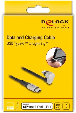 Gelbe Verpackung mit USB-C zu Lightning-Kabel, 2 Meter. Kompatibel mit iPhone, iPad, iPod. Marke Delock. 480 Mbps Übertragung.