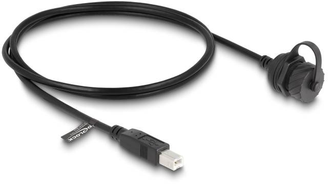 Ein schwarzes USB-Kabel mit einem wasserdichten Anschluss auf einer Seite, geeignet für industrielle Anwendungen.