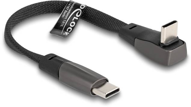 USB-C-Kabel mit gewebtem Kabelmantel, abgewinkeltem Anschluss auf einer Seite. Eignet sich für Geräteverbindungen und schnelles Laden.