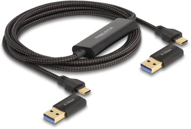 'Delock' USB 3.0 Verlängerungskabel mit zwei Stecker Typ A und einem Stecker Typ C. Schwarzes Kabel mit Textilverkleidung.