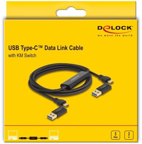 Verpackung eines 'USB Type-C Data Link Kabels' mit KM Switch, unterstützt Datenaustausch zwischen zwei Geräten, marke Delock.