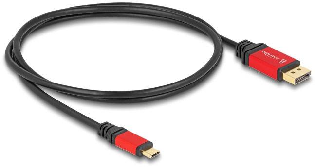 Ein schwarzes Kabel mit einem roten DisplayPort-Stecker auf der einen Seite und einem roten Mini-DisplayPort-Stecker auf der anderen Seite.