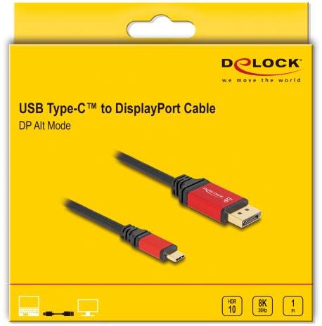 USB Type-C zu DisplayPort Kabelverpackung, Delock-Logo, gelber Hintergrund, unterstützt HDR 10, 8K bei 30 Hz, 1 Meter Länge.