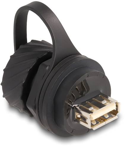 Schwarzer wasserdichter USB-Anschluss mit Schutzkappe, ideal für den Einsatz in feuchten Umgebungen.